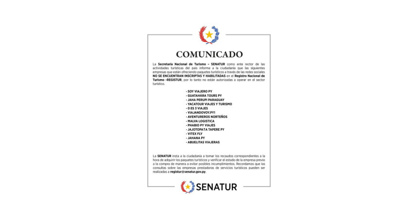 Senatur presenta nuevo listado sobre empresas turísticas “Fantasmas” o no habilitadas